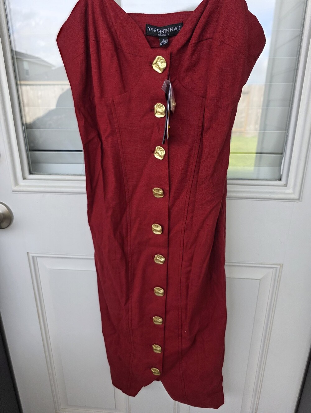 Fourteenth Place Red Midi Dress Sz XXS Gold Button Front Sleeveless Bodycon - Picture 4 of 10